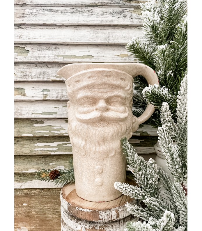 Vintage White Rare Tall Santa Pitcher - Stained, Crazed - Holiday 